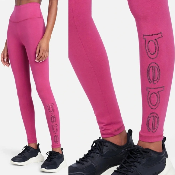 Bebe Sport Sequin Logo Leggings Size XL Festival Fuschia Pink Ankle Length - Picture 2 of 9